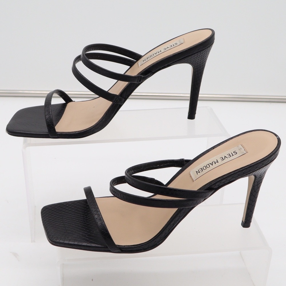 Steve Madden Womens Black Snakeskin Embossed Square Toe Strappy Heels 8.5 - Picture 2 of 12